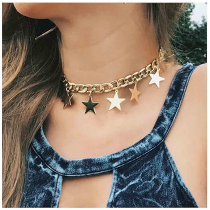 Boho Star Dangle Choker Necklace Gold Chunky Curb Chain Necklace Punk Thick Chain Choker Necklace Minimal Short Chain Necklace Jewelry for Women and Girls-BrightBean Baby