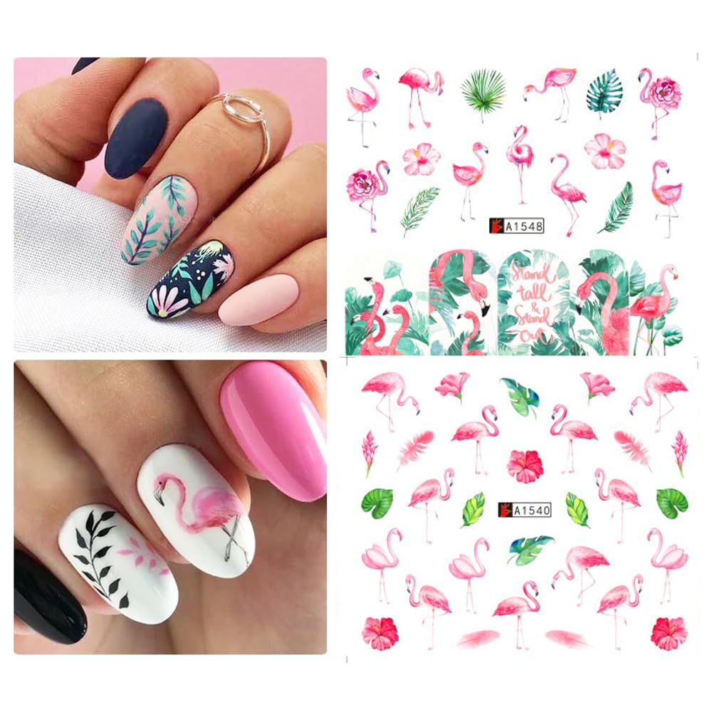 12 Sheet Flamingo Nail Art Stickers Cute Flamingo Green Leaf Design Water Transfer Nail Decals Summer Nail Art Decorations Waterproof Acrylic Nail Stickers for Women DIY Manicure Tips-BrightBean Baby