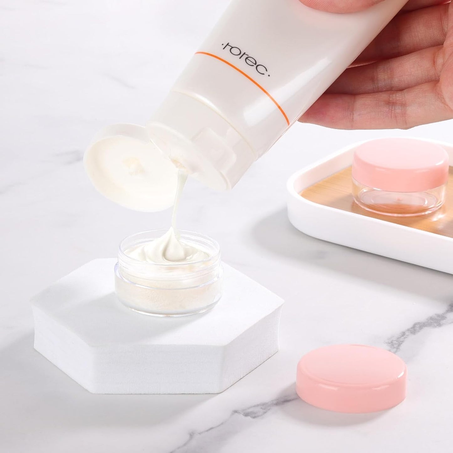 Refillable Cosmetic Sample Jars - 100 Pack 10g (0.35oz) Pink Small Travel Containers with Lids + 10 Mini Makeup Spatulas - BPA Free-BrightBean Baby