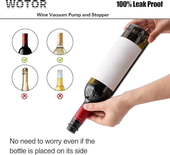 WOTOR Wine Saver Vacuum Pump with 4 Stoppers, Wine Stopper & Preserver, Reusable Bottle Sealer Keeps Fresh, Ideal Accessories Gift (Flat Handle)