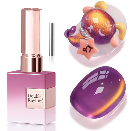 Double Rhythm Jelly Glass Cat Eye Gel Polish with Magnet 15ML Holographic Glitter Shimmer Translucent Sheer Color Magnetic Nail Polish Salon DIY at Home (Golden Purple-MC1254)-BrightBean Baby