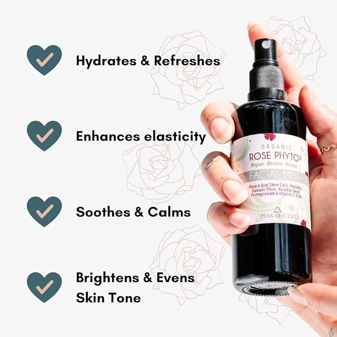 Organic & Vegan Rose Phyto³ Water Facial Spray - Moisturizing Face Mist & Setting Spray, Soothing, Hydrating Mist Rose Water For Face - Great for Facial Massaging (4 oz)-BrightBean Baby