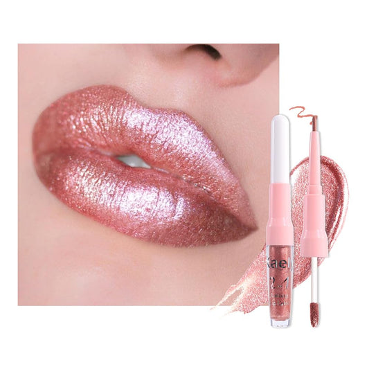 Kaely 2-in-1 Rose Gold Metallic Lipstick and Lip Liner, Shimmer Liquid Metallic Lipsticks for Women, Glitter Lip Gloss Stain Long Lasting Waterproof Smudge Proof 24 Hour, Vegan Makeup, 04-BrightBean Baby