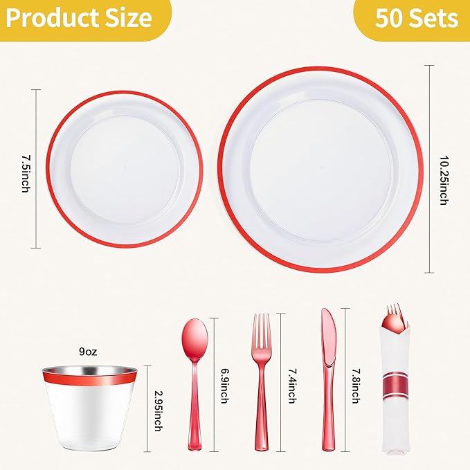 Goodluck 350 Piece Red Plastic Dinnerware Set for Party, Clear Disposable Plates for 50 Guests, Include: 50 Dinner Plastic Plates, 50 Dessert Plates, 50 Pre Rolled Napkins with Cutlery Set, 50 Cups