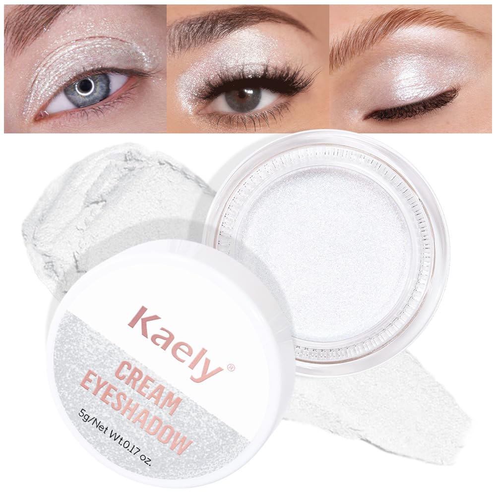Kaely Single Cream Eyeshadow Pot, Pearl White Sparkle Eye Shadow for Older Women High Pigmented Waterproof, Natural Eyeshadow Palette Makeup Brightener, sombras en crema para ojos, Blendable, 01-BrightBean Baby