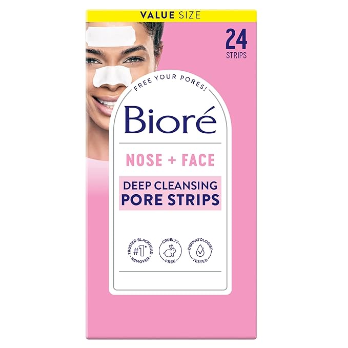 Bioré Nose+Face Blackhead Remover Strips, Deep Cleansing Strips for Nose, Chin, or Forehead, Instant Blackhead Removal and Pore Unclogging, Oil-free, Non-Comedogenic Use, Value Size 24 Count-BrightBean Baby