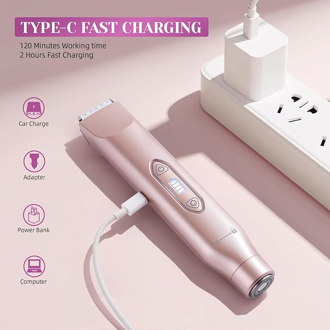 Bikini Trimmer for Women，3 in 1 Electric Razor with Ceramic Blades, IPX7 Waterproof, USB Rechargeable, Painless Hair Removal for Face，Body，Bikini Area, Travel Grooming Kit (Rose Gold)-BrightBean Baby