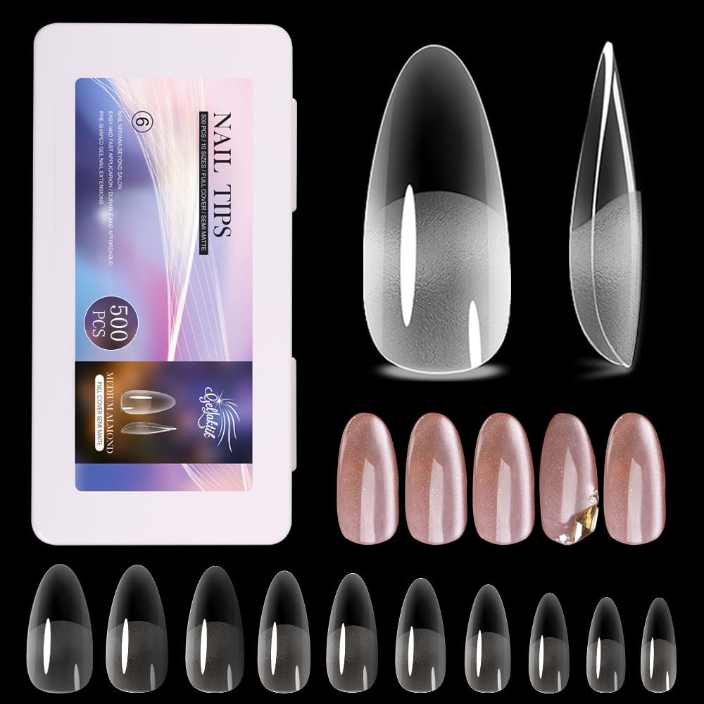 Medium Almond Nail Tips 500PCS, Clear Acrylic Full Cover Gel Press on Nail Tips for DIY, 10 Sizes Pre-Shaped False Nails with Half Matte Finish, Professional Manicure Kit & Easy Application-BrightBean Baby