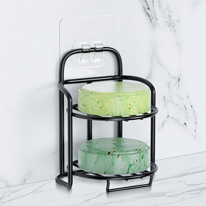 2-Tier Shower Soap Shampoo Bar Holder, Self Adhesive & Freestanding Draining Soap Dish Caddy for Bathroom Wall Accesories Decor Black-BrightBean Baby