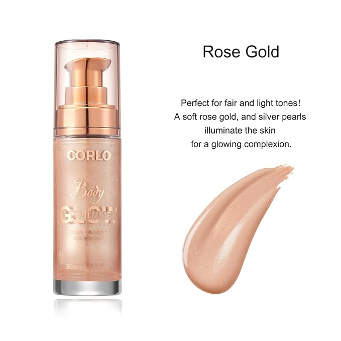 Corlo Body Shimmer Oil Liquid Glitter Face Luminizer Glow Highlighter Waterproof Long Lasting Moisturizing Luminizer FaceProm Party Makeup Brush Include(Rose Gold, Body Oil)-BrightBean Baby