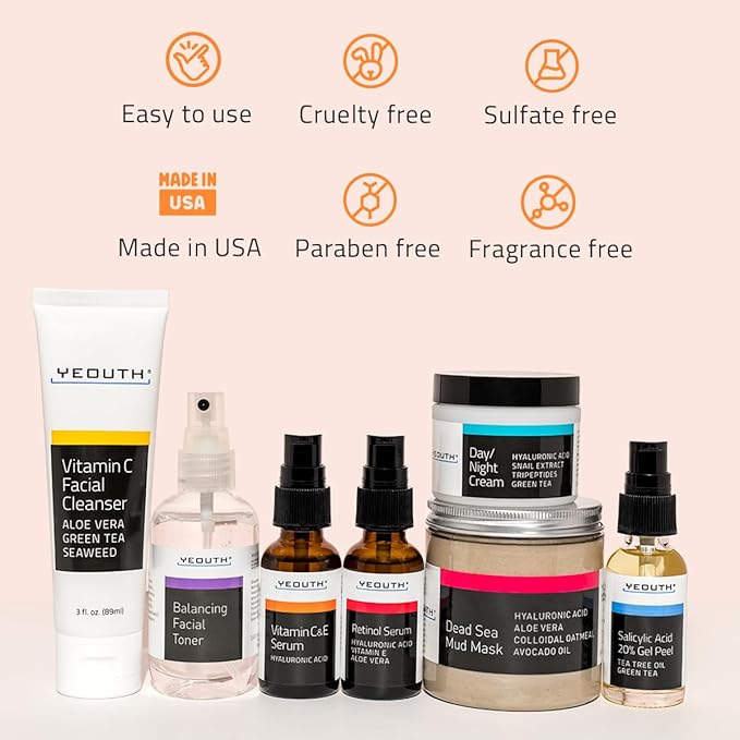 YEOUTH Skin Care Set: Vitamin C Face Wash, Toner, Vitamin C & Retinol Serum, Face Cream, Peel & Mask 7- Piece Skincare Gift Set for Teens, Women & Men-BrightBean Baby