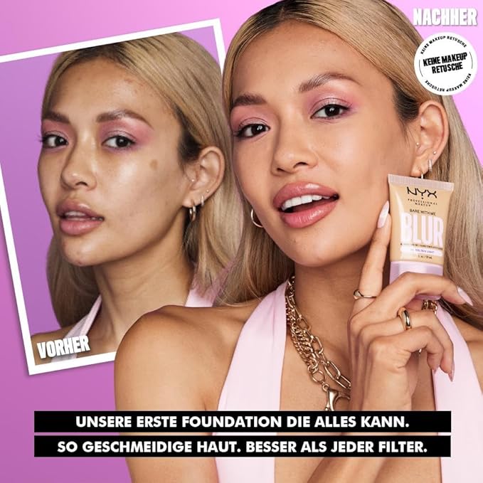 NYX PROFESSIONAL MAKEUP Bare With Me Blur Skin Tint Foundation Make Up with Matcha, Glycerin & Niacinamide - Light Neutral-BrightBean Baby