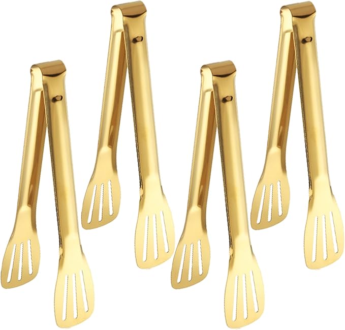 4 PCS Serving Tongs Gold Tongs 9 Inch Serving Utensils Stainless Steel Serving Tongs for Salad Buffet Appetizer Dessert Tong for Food Parties (9 Inch, 4 GOLD)