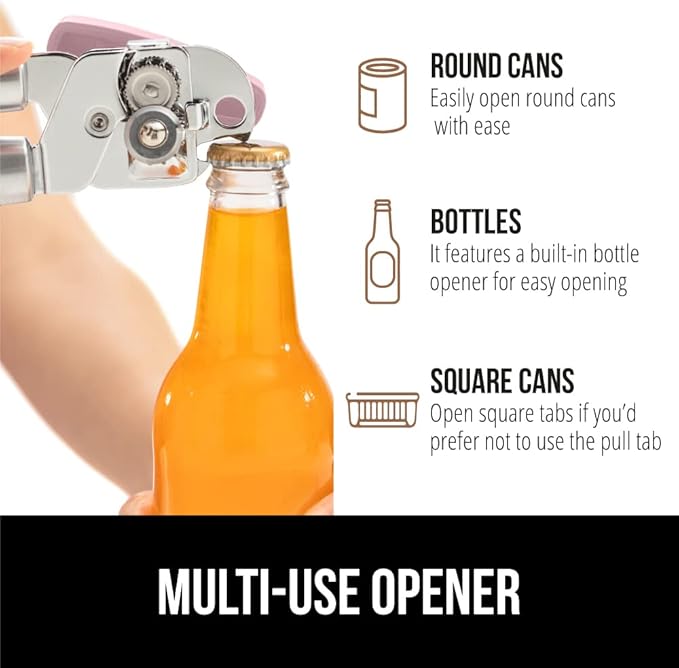 GORILLA GRIP Heavy Duty Stainless Steel Smooth Edge Manual Can Opener and Bottle Openers, Soft Comfortable Handle, Oversized Handheld Turn Knob, US Designed Multifunctional Kitchen Tool, Pink