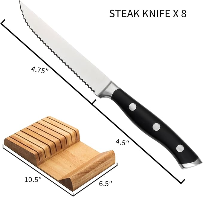 Alata 8-Piece Steak Knives Set with Block, 4.7 Inch with Serrated Edge Razor-Sharp Dinner Knives, Full-Tang Construction, Dishwasher Safe