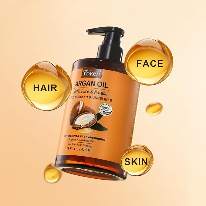 Yoken Argan Oil for Hair, Pure and Natural Morocco Argan Oil, Argon Oil For Hair, Scalp, Face & Skin Care, 100% Cold Pressed Hair Conditioner, Unrefined Argon Nails Carrier Oil (16 Fl Oz)-BrightBean Baby
