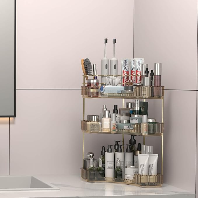 Corner Bathroom Counter Organizer with Top Toothbrush Holders, 3-Tier Make Up Organizers for Vanity with Brush Holder, Corner Storage for Bathroom, Kitchen, Dresser-BrightBean Baby