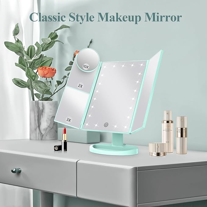 HUONUL Makeup Mirror Vanity with Lights, 2X 3X 10X Magnification, Lighted Mirror, Touch Control, Trifold Dual Power Supply, Portable LED Women Gift (Green)-BrightBean Baby