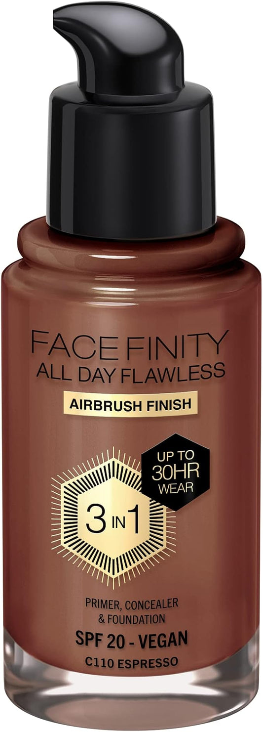 Max Factor Facefinity 3-in-1 All Day Flawless Liquid Foundation, SPF 20-110 Espresso, 30 ml-BrightBean Baby