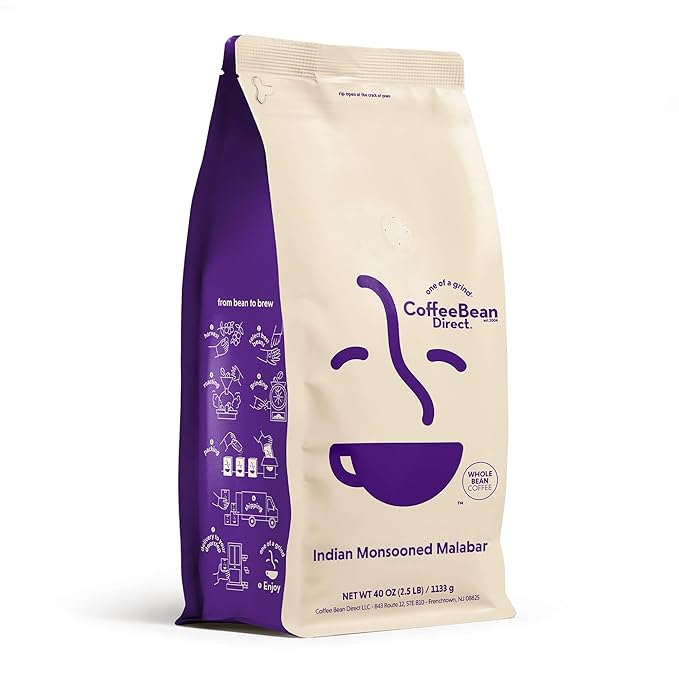 Coffee Bean Direct Indian Monsooned Malabar, Whole Bean Coffee, Light Roast, 2.5 Pound Bag (Pack of 1)