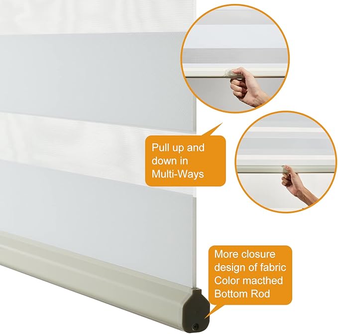 Persilux Cordless Zebra Blinds for Windows Free-Stop Roller Windows Shades (34" W X 47" H, Cream) Dual Layer Light Control for Day and Night, Light Filtering Sheer Shades for Home, Bedroom