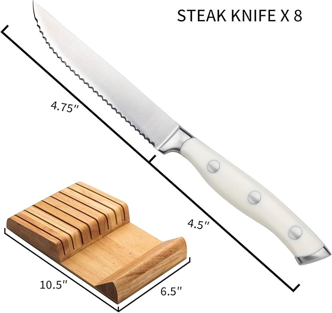 Alata 8-Piece White Steak Knives Set with Block, Stainless Steel Steak Knife set with Serrated Edge, Razor-Sharp, Full-Tang Construction, Dishwasher Safe