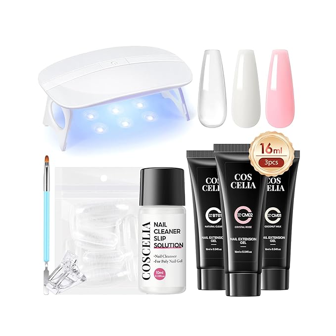 COSCELIA Poly Nail Gel Kit Starter Kit with U V Lamp 3PC Coscelia Poly Extension Gel for Beginners Clear Pink White Nail Art Quick Building Gel Manicure Kits Gift for Women DIY at Home-BrightBean Baby