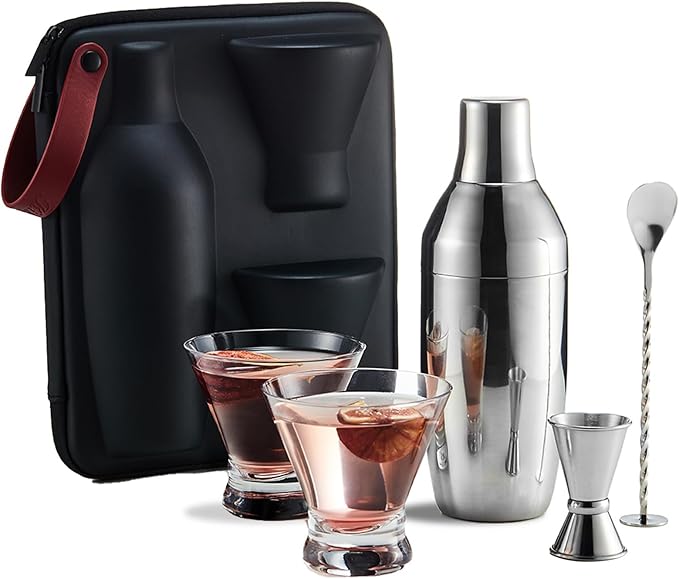 KITESSENSU Cocktail Shaker Set with Carry Case: Vacuum Insulated Martini Shaker with Built-in Strainer, 2 Martini Glasses, Measuring Jigger, Bar Mixing Spoon & Cocktail Recipes, Travel Bar Tool Set