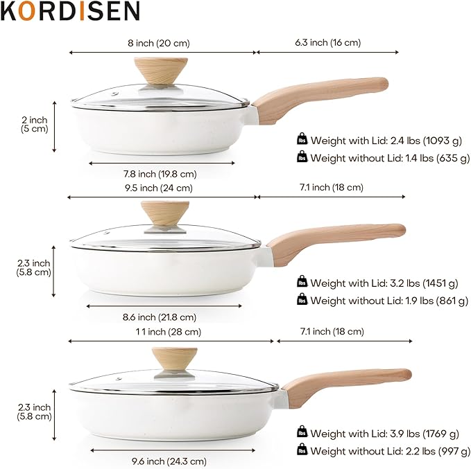 Kordisen Ceramic Nonstick Frying Pan Set with Lid 3 Piece - 8, 9.5, 11 Inch Non Toxic