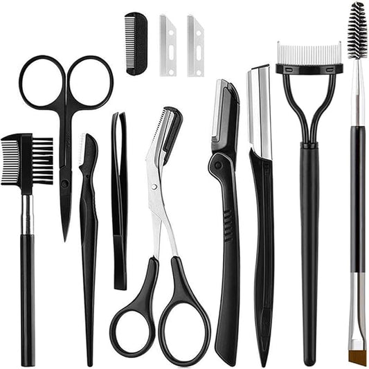 KINGMAS 9 in 1 Eyebrow Kit, Face Razors, Facial Trimmer Shaver, Eyelash Comb, Angled Brush, Grooming Scissors, Tweezers for Women