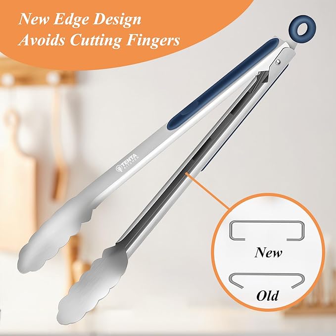 Tongs for Cooking, 12-Inch Stainless Steel Kitchen Tongs, Locking Metal Food Tongs with Silicone Non-Slip Grip, Kitchen Utensils for Food, Salad and Outdoor BBQ, Set of 4 (Midnight Blue)
