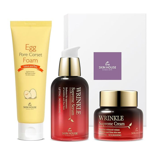 THE SKIN HOUSE Wrinkle Supreme Gift Set l Birthday present , Korean Facial Skin Care Essential for Wrinkles, Fine Lines, Nourishing l Red Ginseng, Adenosine, Ceramide l Facial Cleanser, Serum, Cream-BrightBean Baby