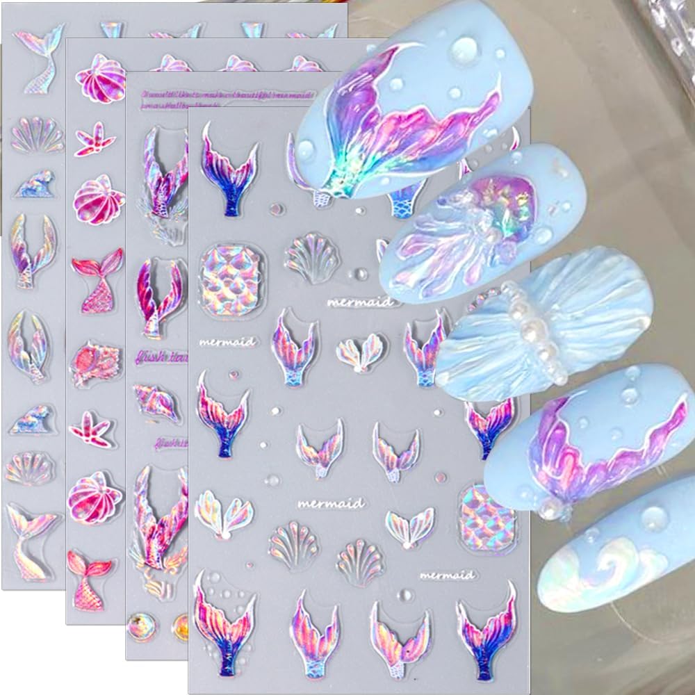 5D Dreamy Mermaid Tail Nail Stickers Summer Nail Decals 5D Embossed Laser Mermaid Nail Art Stickers Sea Wave Fishtail Shellfish Starfish Nail Design Stickers Self Adhsive Ocean Stickers for Nails DIY-BrightBean Baby