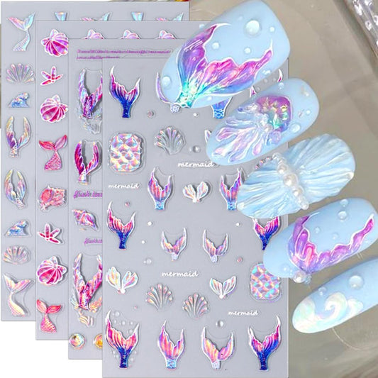 5D Dreamy Mermaid Tail Nail Stickers Summer Nail Decals 5D Embossed Laser Mermaid Nail Art Stickers Sea Wave Fishtail Shellfish Starfish Nail Design Stickers Self Adhsive Ocean Stickers for Nails DIY-BrightBean Baby