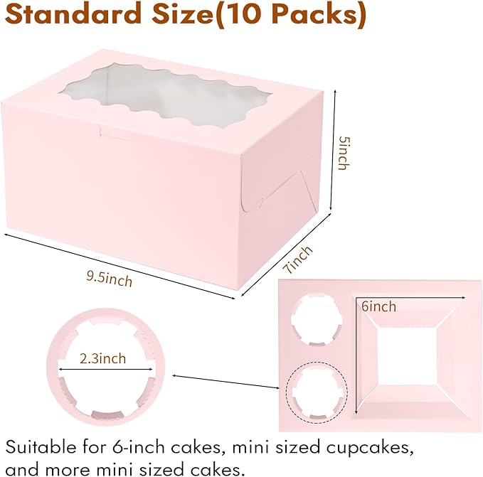 Pink 10 Packs cajas para postres and Cupcake Box 3 Holes Fit 2 Cupcakes and 1 Mini Cake Box with Clear Window and Stickers for Wedding Birthday Party Bakery pastry boxes(Pink, 1+2(10Pack))