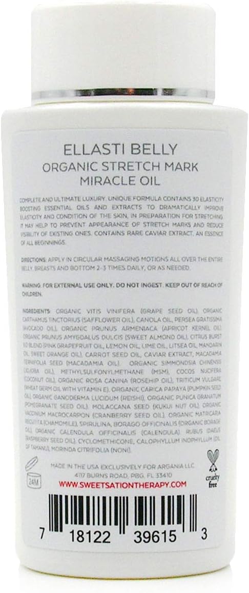 Sweetsation Therapy- Organic EllastiBelly Stretch Mark Miracle Oil, 4oz. Stretch Marks Prevention in Pregnancy With Omega 3,6,9, Vitamins,Amino Acids, 30+ Extracts to Boost Elasticity-BrightBean Baby