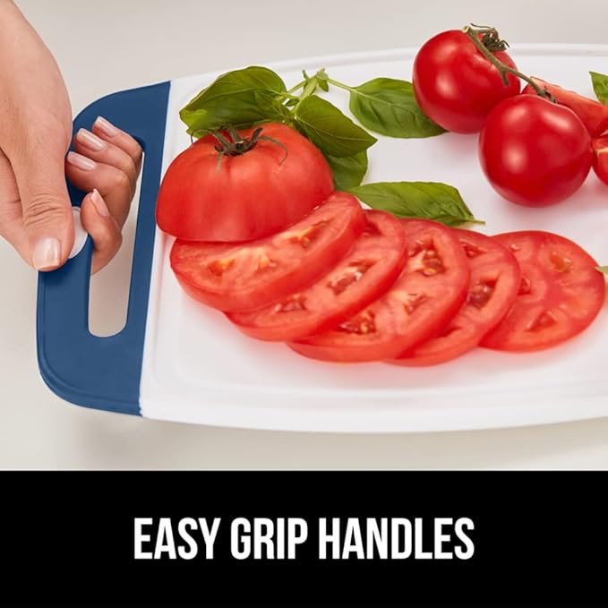 GORILLA GRIP BPA-Free Reversible Kitchen Cutting Board Set of 3, US Designed, Nonporous, Juice Grooves Catch Liquid, Slip Resistant Border, Dishwasher Safe, Durable Large Food Chopping Boards, Blue