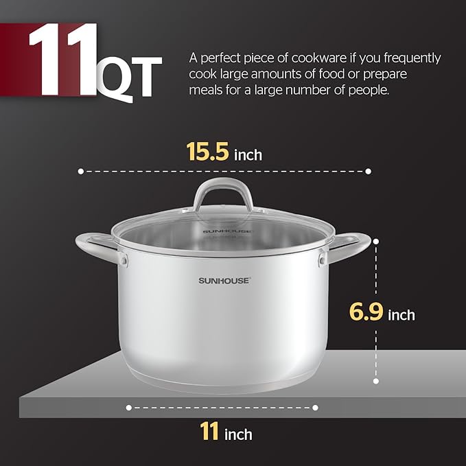 SUNHOUSE Stainless Steel Stock Pot 11 Quart with Lid - Premium Large Capacity Pot