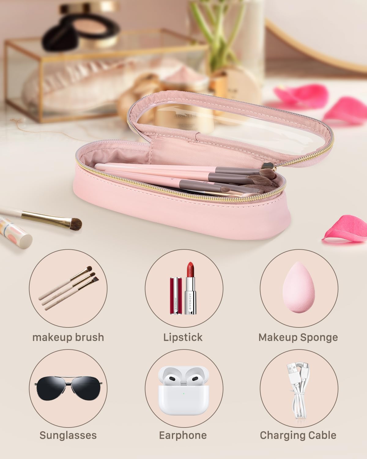 Clear Travel Makeup Brush Holder, Leather Makeup Brush Toiletry Bag, Portable Cosmetic Brush Case, Transparent Waterproof Makeup Brush Storage Bag, Pink-BrightBean Baby