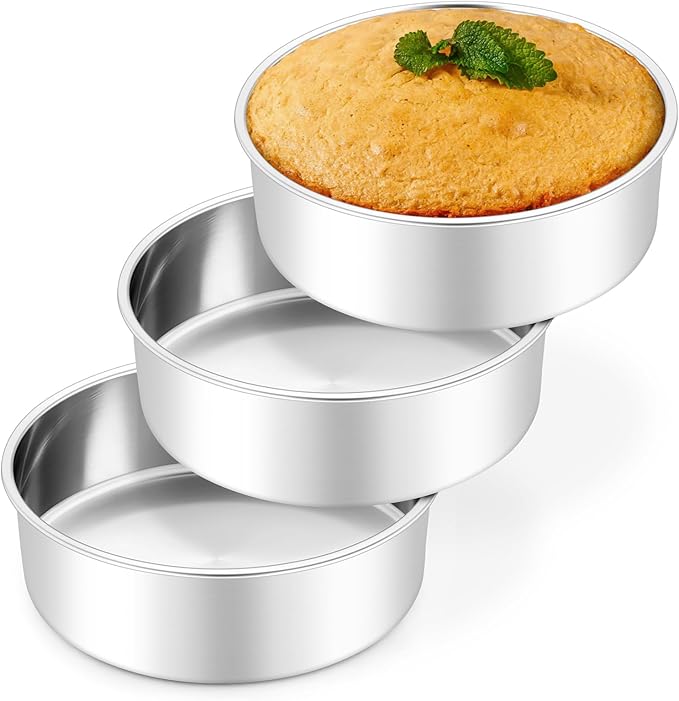 Leonyo 6 Inch Round Cake Pans Set of 3, Stainless Steel Round Layer Cake Baking Pans, Metal Baking Tins for Wedding Birthday, Even Heating, Non Toxic & Healthy, Heavy-Duty, Dishwasher