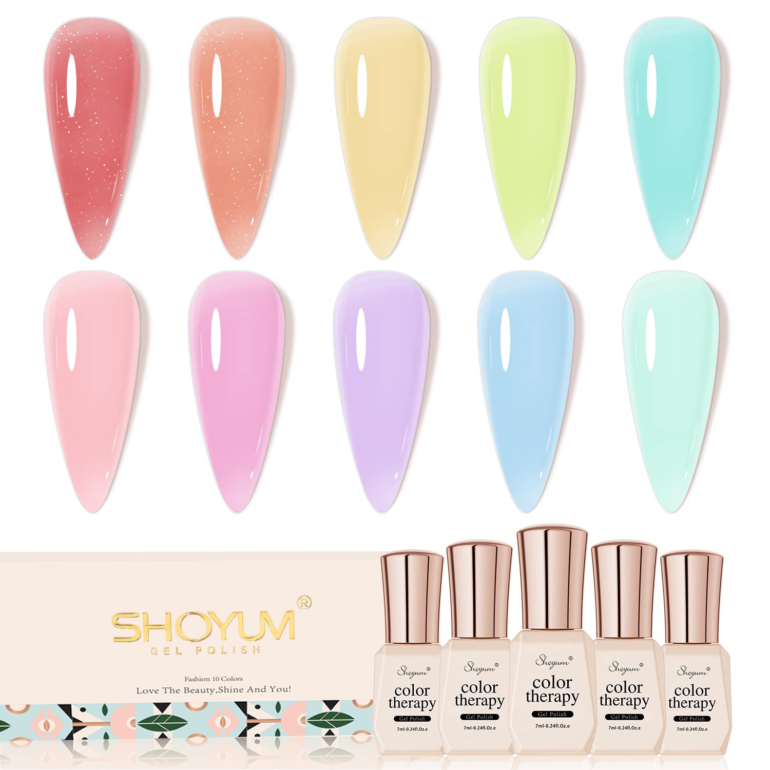 Jelly-Pastel Gel Nail Polish Set - 10 Pcs Pink Nude Gel Polish Set with Summer Yellow Blue Colors - DIY Soak Off Nail Lamp - Easter Decoration Gifts for Women - Manicure Kit-BrightBean Baby