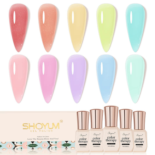 Jelly-Pastel Gel Nail Polish Set - 10 Pcs Pink Nude Gel Polish Set with Summer Yellow Blue Colors - DIY Soak Off Nail Lamp - Easter Decoration Gifts for Women - Manicure Kit-BrightBean Baby