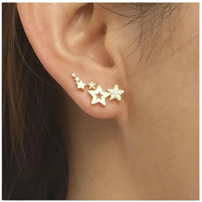 Bohemia Star Climber Crawler Earrings Gold Crystal Star Ear Climber Earrings Cluster Star Studs Earring Festival Earrings Jewelry for Women and Girls (Gold)-BrightBean Baby