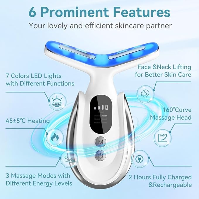 Neck Face Massager, 7-in-1 Portable Facial Massager for Enhanced Face, Neck and Shoulder Care with Vibrating and Warming Function，White-BrightBean Baby