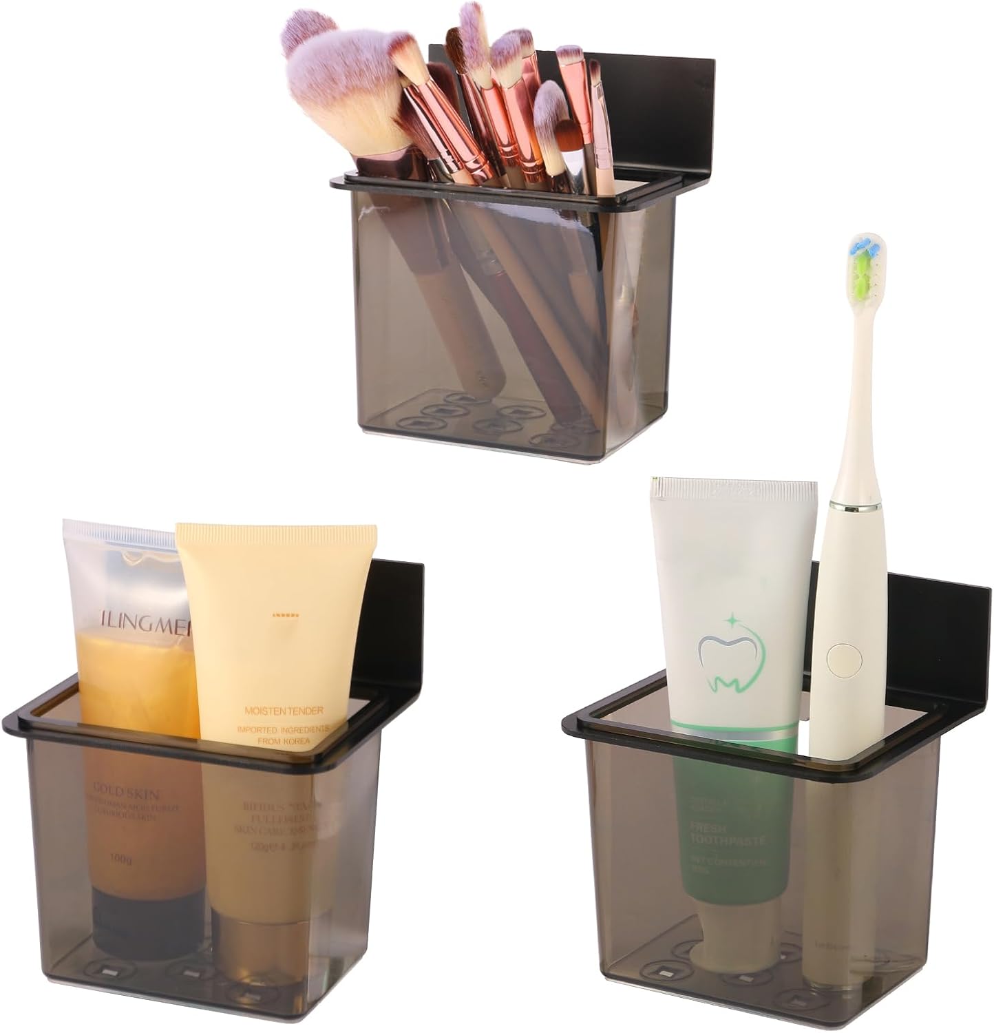 Toothbrush Holder Toothpaste Holder with Wall Mount for Family, Metal Frame & Plastic Black Bathroom Organizer Set with Adhere Tape for Bathroom -one Pack-BrightBean Baby