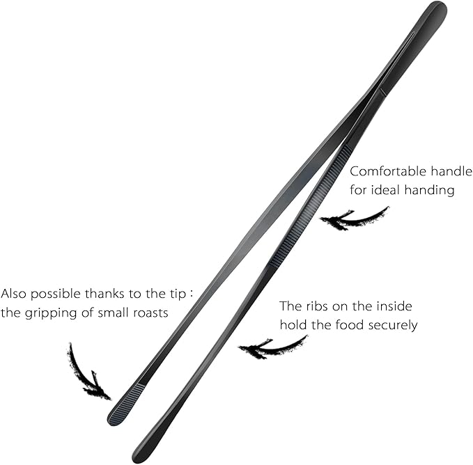 12-Inch Professional Kitchen & Cooking Tweezers Tongs - Stainless Steel Long Tweezer Tongs - Black Coated - BBQ,Plating,Multi-use