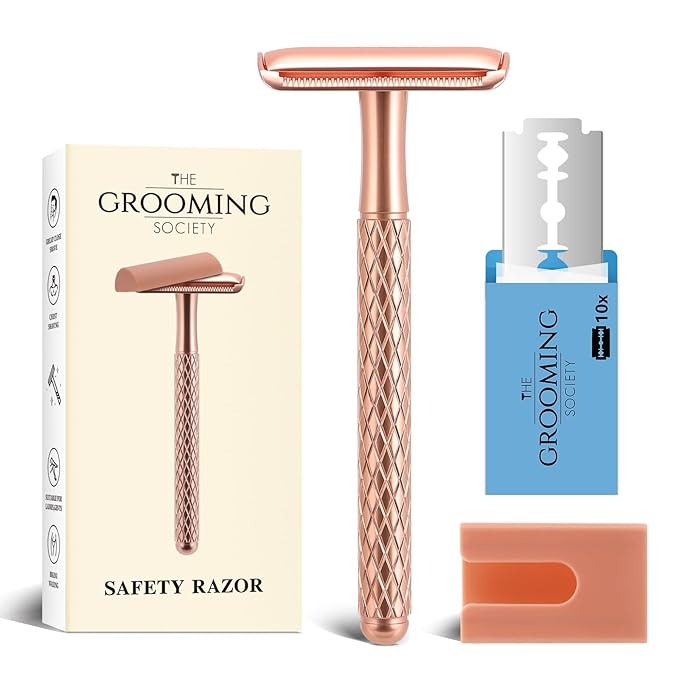 Double Edge Safety Razor for Women with Silicone Cover & 10 Blades for Travel Metal Eco-Friendly Reusable Single Blade Razor for Shaving (Rose Gold)-BrightBean Baby