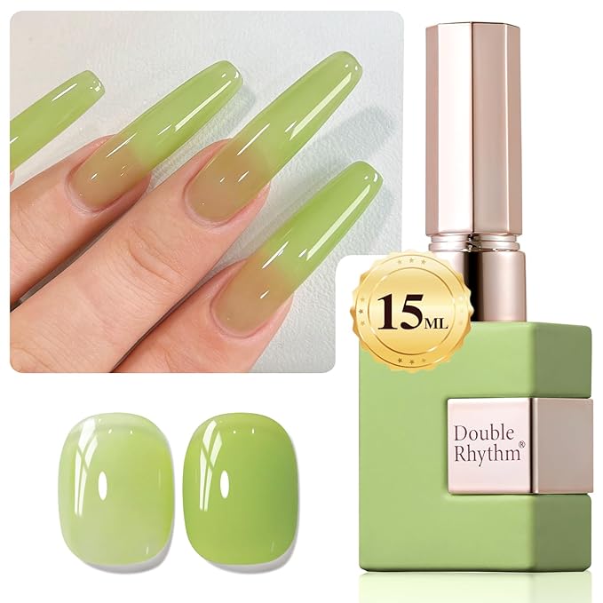 Double Rhythm Translucent Gel Polish Sheer Neutral Natural Light Milky Same Color Same Bottle 15ML Jelly Nail Polish Nail Art DIY at Home (Green-A1408)-BrightBean Baby