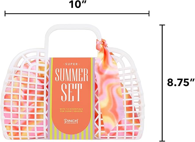 Pinch Provisions Super Summer Jelly Tote, 12 Beach & Poolside Accessories For Beauty, Perfect for Pool & Beach Days, Includes Oil Absorbing Roller, Rechargable Fan, Towel Clips, & Ice Roller-BrightBean Baby