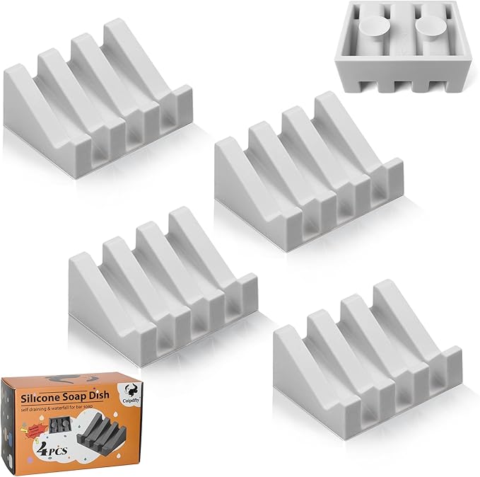 Self Draining Soap Dish,Silicone Suction Cup Soap Holder, Bathroom Soap Dish for Bar Soap,Can Extend Soap Life,Bathroom, Bath Tub, Kitchen Sink (4, Light Grey)